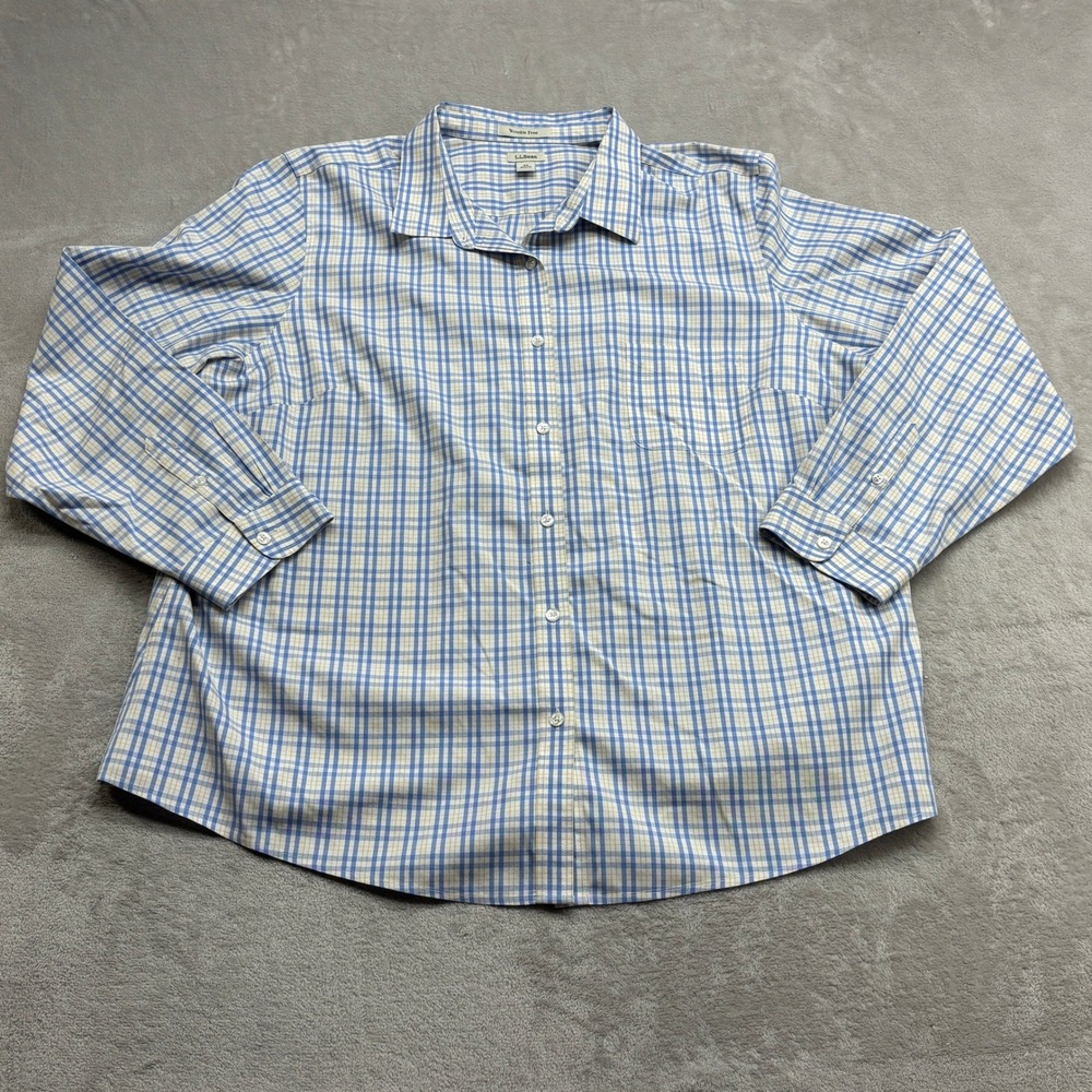 L.L Bean Button Up Women 3X Blue Yellow Plaid Wrinkle Free Coastal Preppy Office